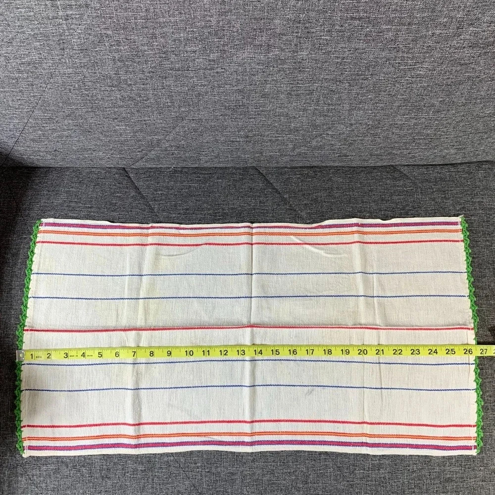 Vintage Kitchen Towels with Stripes Crochet Trim Set of 2 Green Beige Trim